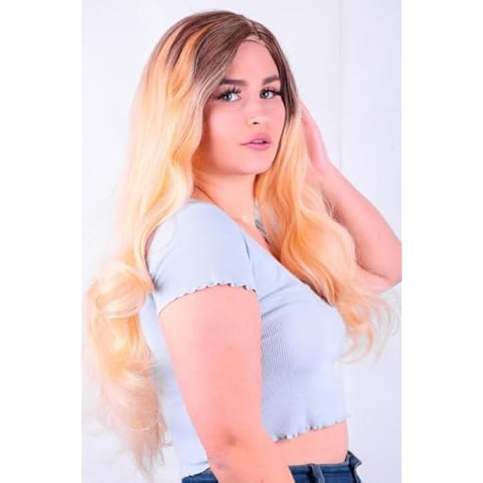 DILLARDS Premium Long Wavy Wig, Light Peach Ombre Synthetic Hair, Heat Resistant Fiber, Natural Looking with Root Gradient Effect - Image 3